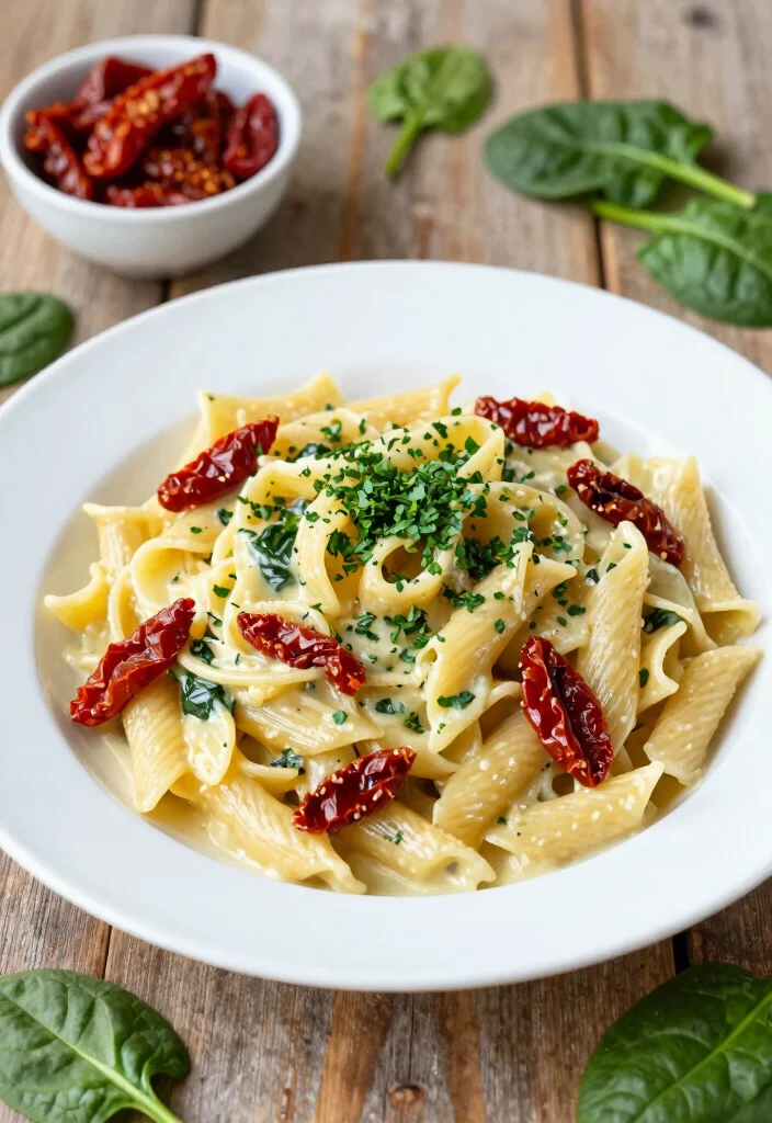 12 Vegan Creamy Pasta Recipes for Comforting Dairy Free Meals - 3. Sun-Dried Tomato and Spinach Pasta 1