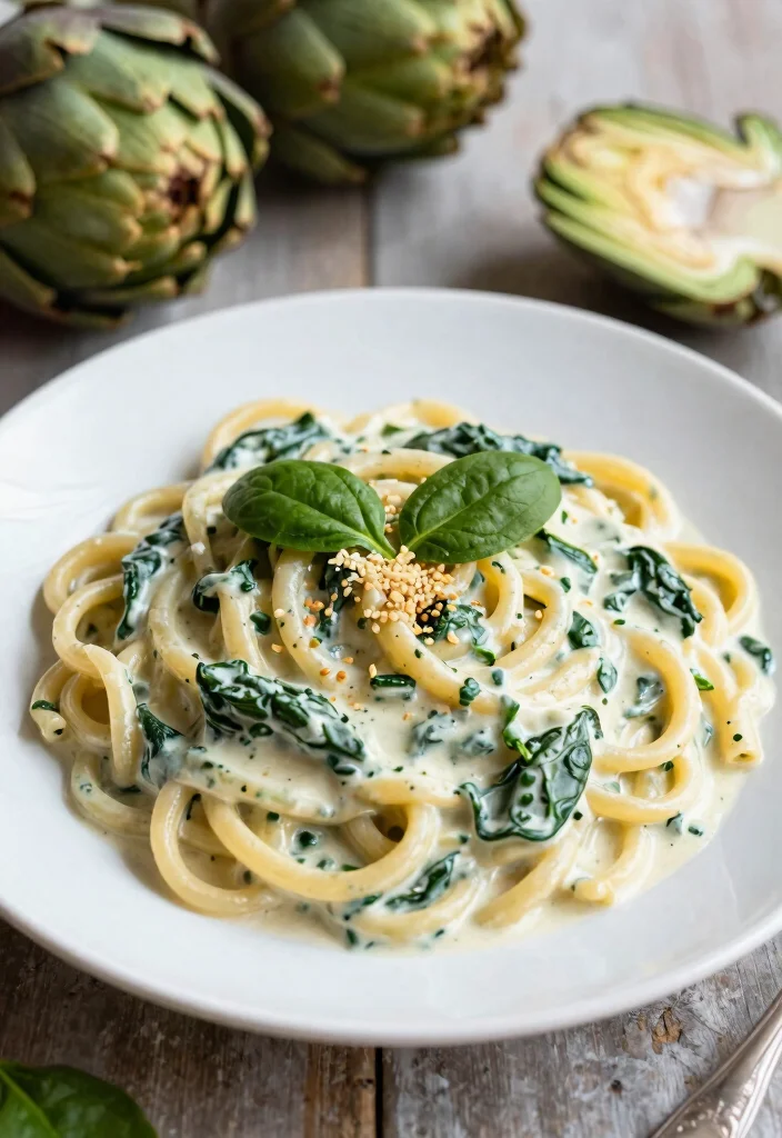 12 Vegan Creamy Pasta Recipes for Comforting Dairy Free Meals - 8. Creamy Spinach Artichoke Pasta 1